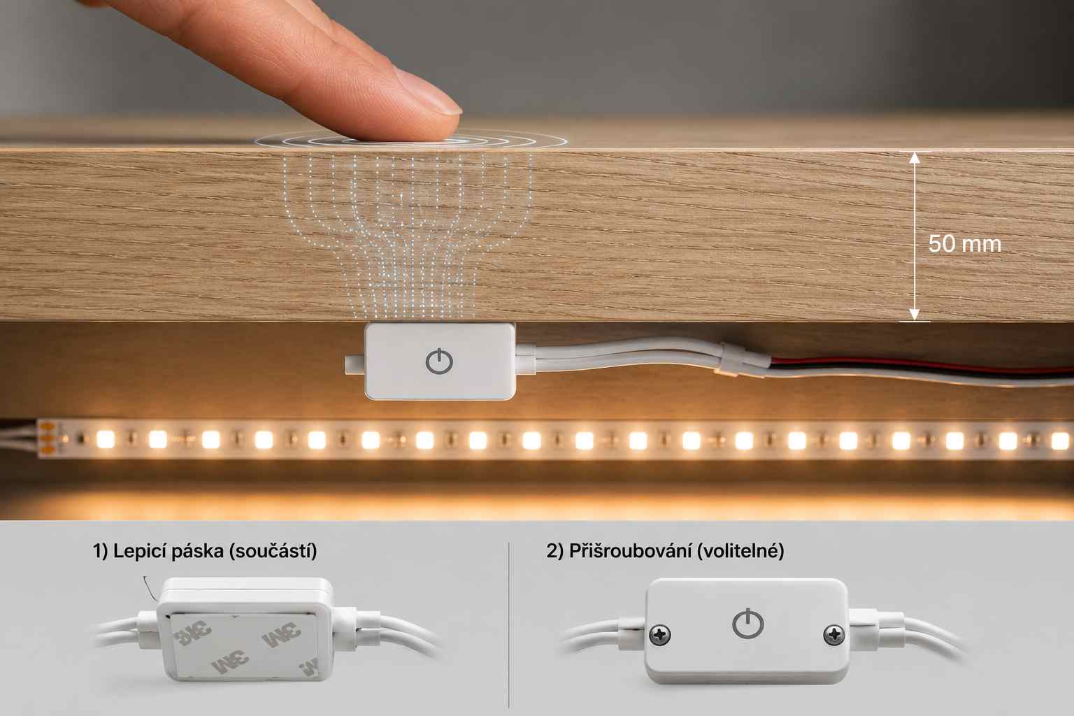 Instalace dotykového spínače masiv pod kuchyňskou linku pomocí samolepicí pásky 3M